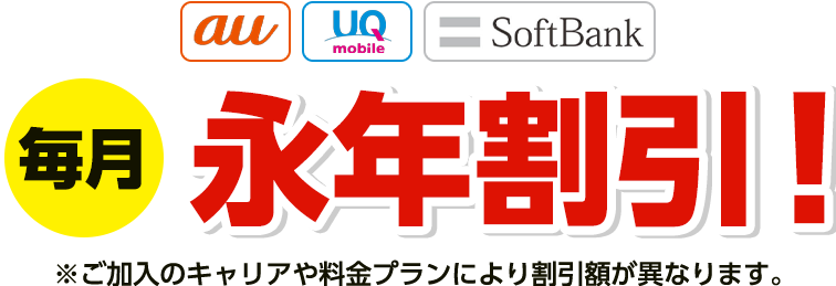 毎月永年割引！※ご加入のキャリアや料金プランにより割引額が異なります。